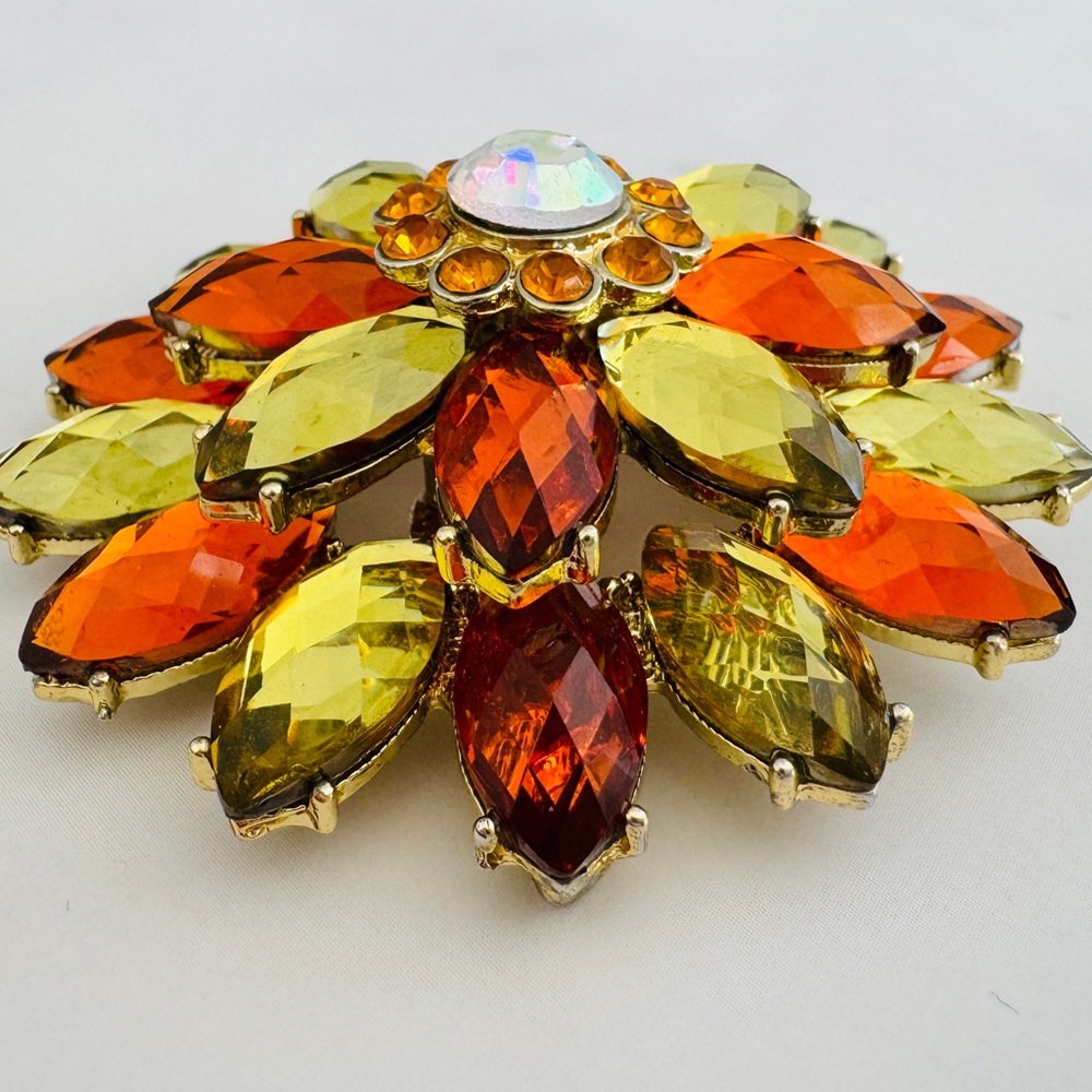 Yellow and Orange Rhinestones Flower Brooch